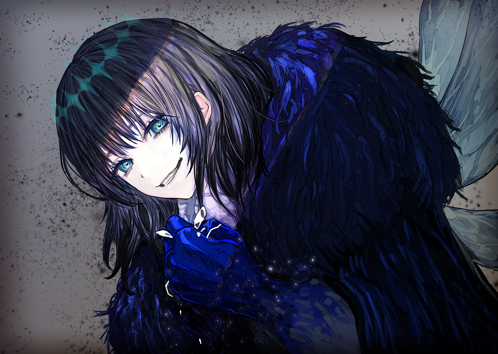 1boy arthropod_boy arthropod_limbs black_hair blue_eyes cape clenched_hand cloak crown diamond_hairband dragonfly_wings fate/grand_order fate_(series) fur-trimmed_cape fur-trimmed_cloak fur_trim highres insect_wings looking_at_viewer male_focus medium_hair oberon_(fate) oberon_(third_ascension)_(fate) official_alternate_hair_color smile solo waterstaring wings