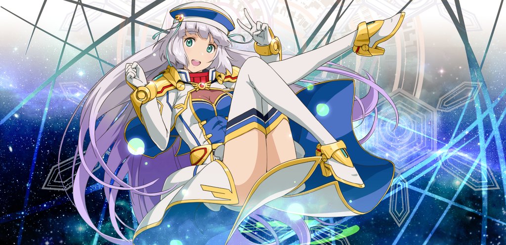 1girl aqua_eyes arms_up blue_hat boots breasts capelet cleavage clenched_hand dress gloves gradient_background gradient_hair grey_hair gundam gundam_exa hat knees_up long_hair looking_at_viewer magic_circle morioka_yasuto multicolored_hair official_art open_mouth purple_hair see-through_cleavage see-through_clothes shoes smile solo space sthesia_awar teeth thighhighs upper_teeth_only v white_capelet white_dress white_gloves white_hat white_shoes white_thighhighs yellow_trim
