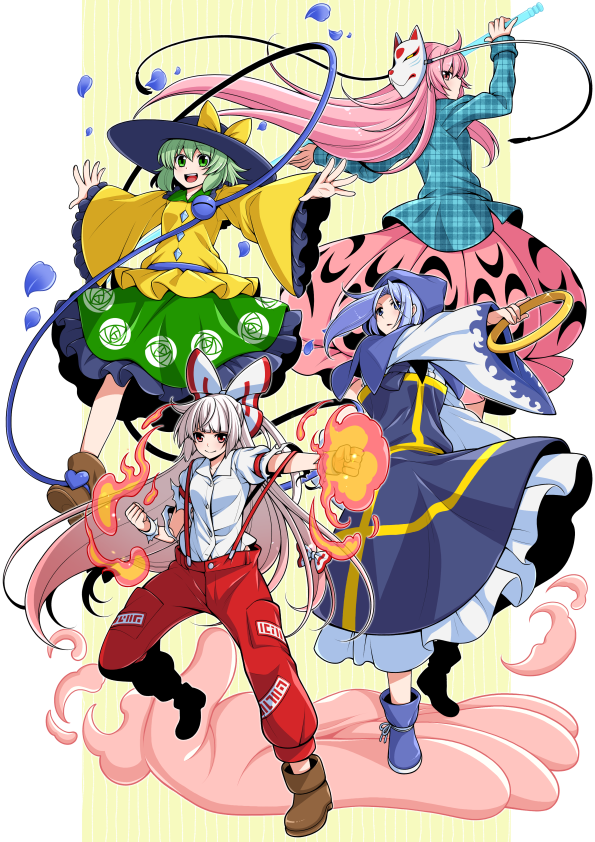 4girls black_hat blue_boots blue_dress blue_eyes blue_hair blue_hood blue_petals blue_shirt boots bow brown_boots brown_eyes buddhist_nun buttons closed_mouth collared_shirt commentary_request diamond_button dress eichi_yuu eyeball falling_petals fire floral_print fox_mask frilled_shirt_collar frilled_skirt frilled_sleeves frills fujiwara_no_mokou green_eyes green_hair green_skirt hair_bow hat hat_bow hata_no_kokoro holding holding_polearm holding_weapon hood hoop kesa komeiji_koishi kumoi_ichirin long_hair long_sleeves looking_at_viewer looking_back mask mask_on_head multiple_girls naginata ofuda ofuda_on_clothes open_mouth pants petals pink_hair pink_skirt plaid_clothes plaid_shirt polearm print_skirt pyrokinesis red_eyes red_pants rose_print shirt skirt skirt_cutout smile suspenders third_eye torn_clothes torn_sleeves touhou unzan very_long_hair weapon white_boots white_bow white_shirt wide_sleeves yellow_bow yellow_shirt