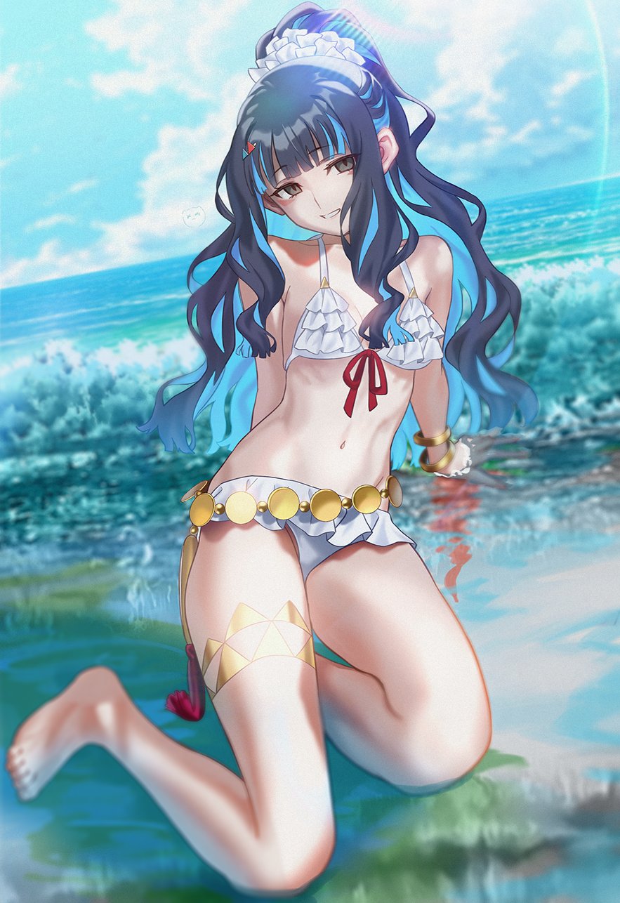 1girl aora bare_shoulders barefoot beach belly_chain black_hair blue_hair breasts colored_inner_hair eyeliner fate/grand_order fate_(series) grey_eyes grin high_ponytail highres jewelry long_hair looking_at_viewer makeup multicolored_hair navel ponytail shore sidelocks small_breasts smile solo tenochtitlan_(fate) tenochtitlan_(swimsuit_mooncancer)_(fate) tenochtitlan_(swimsuit_mooncancer)_(first_ascension)_(fate) thighlet