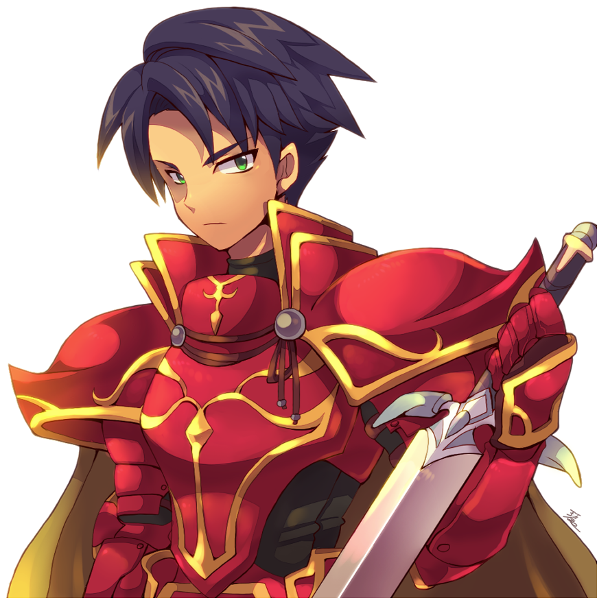 1boy armor black_hair brown_cape cape closed_mouth fire_emblem fire_emblem:_radiant_dawn green_eyes holding holding_sword holding_weapon kotorai looking_at_viewer male_focus nintendo red_armor short_hair signature simple_background solo sword upper_body weapon white_background zelgius_(fire_emblem)