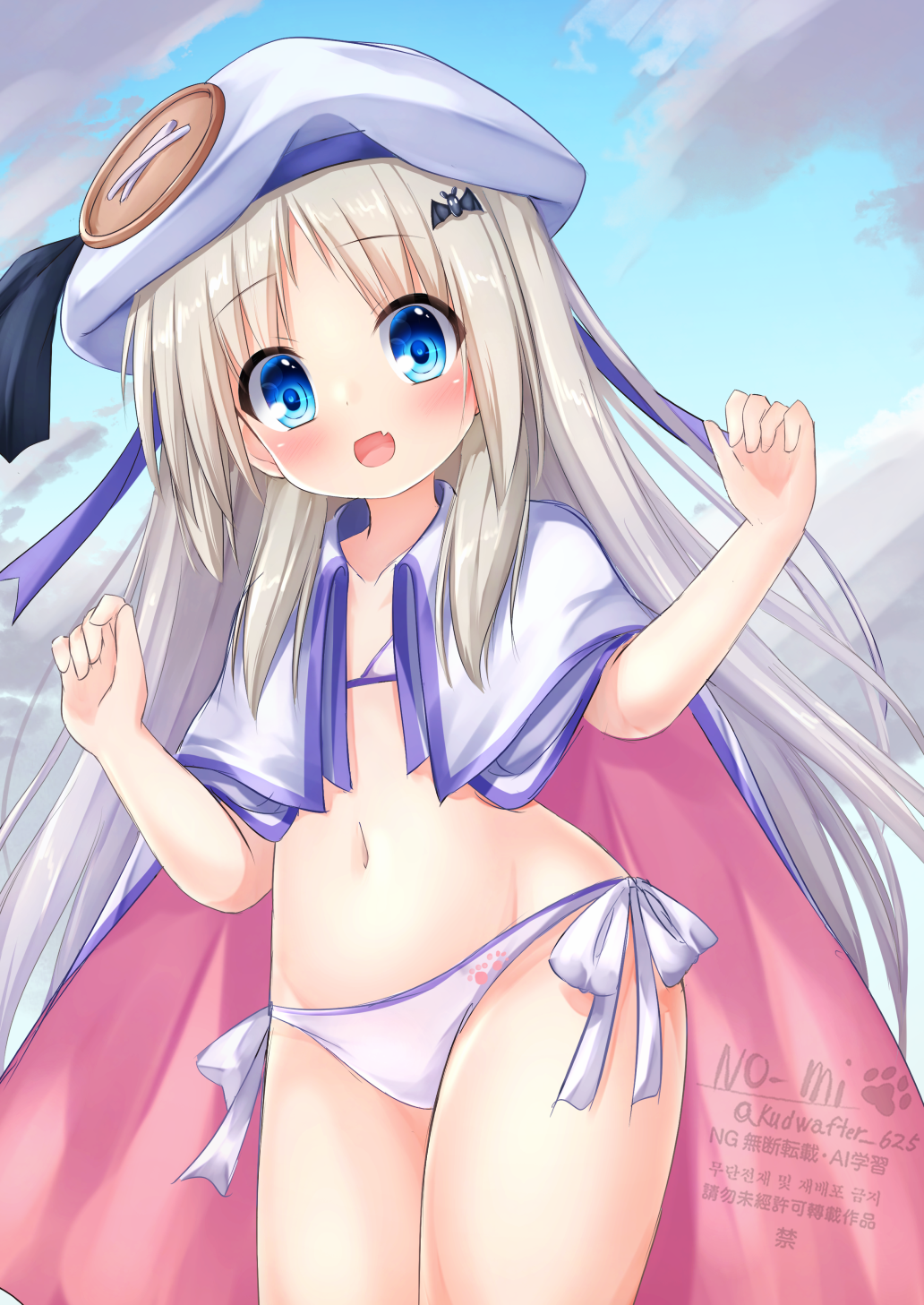 1girl bat_hair_ornament bikini blonde_hair blue_eyes blue_sky cape cloud commentary_request cowboy_shot hair_ornament hat highres kud_wafter kudpoid_(71139) large_buttons little_busters! long_hair looking_at_viewer noumi_kudryavka side-tie_bikini_bottom sky smile solo swimsuit w_arms white_bikini white_cape white_hat
