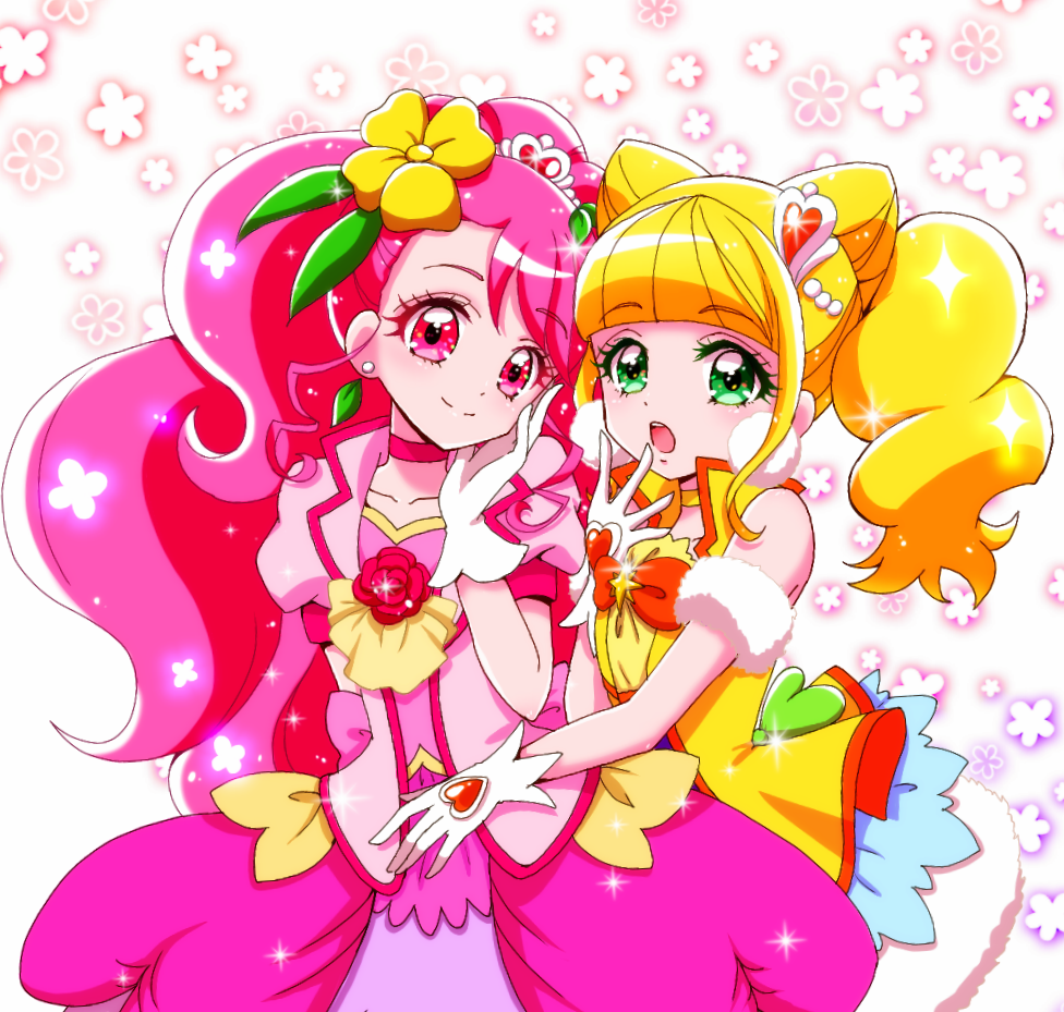 2girls :o blonde_hair blunt_bangs bow brooch bubble_skirt choker closed_mouth cone_hair_bun cowboy_shot cure_grace cure_sparkle double_bun earrings flower gloves green_eyes hair_bun hair_flower hair_ornament hanadera_nodoka healin&#039;_good_precure heart heart_hair_ornament hiramitsu_hinata jewelry long_hair looking_at_viewer magical_girl multiple_girls open_mouth orange_bow pink_eyes pink_hair pink_neckwear pink_skirt pom_pom_(clothes) pom_pom_earrings precure red_flower red_rose reira_(reomimi0211) rose short_hair single_hair_bun skirt smile standing star_brooch twintails white_gloves yellow_neckwear