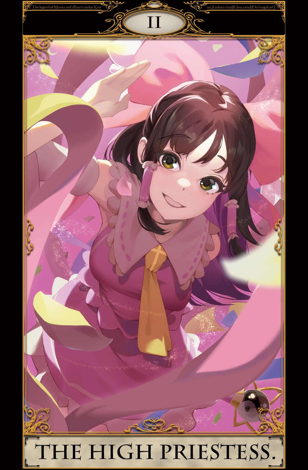 1girl beji-kun black_hair blush bow breasts brown_hair card_(medium) commentary_request confetti cookie_(touhou) cowboy_shot dutch_angle frilled_hair_tubes frills hair_bow hair_tubes hakurei_reimu highres holding holding_wand long_hair looking_at_viewer magical_girl medium_breasts necktie open_mouth pink_background pink_bow pink_shirt pink_skirt roman_numeral sananana_(cookie) shirt skirt sleeveless sleeveless_shirt smile solo tarot tarot_(medium) the_high_priestess_(tarot) touhou wand white_sleeves yellow_eyes yellow_necktie yin_yang