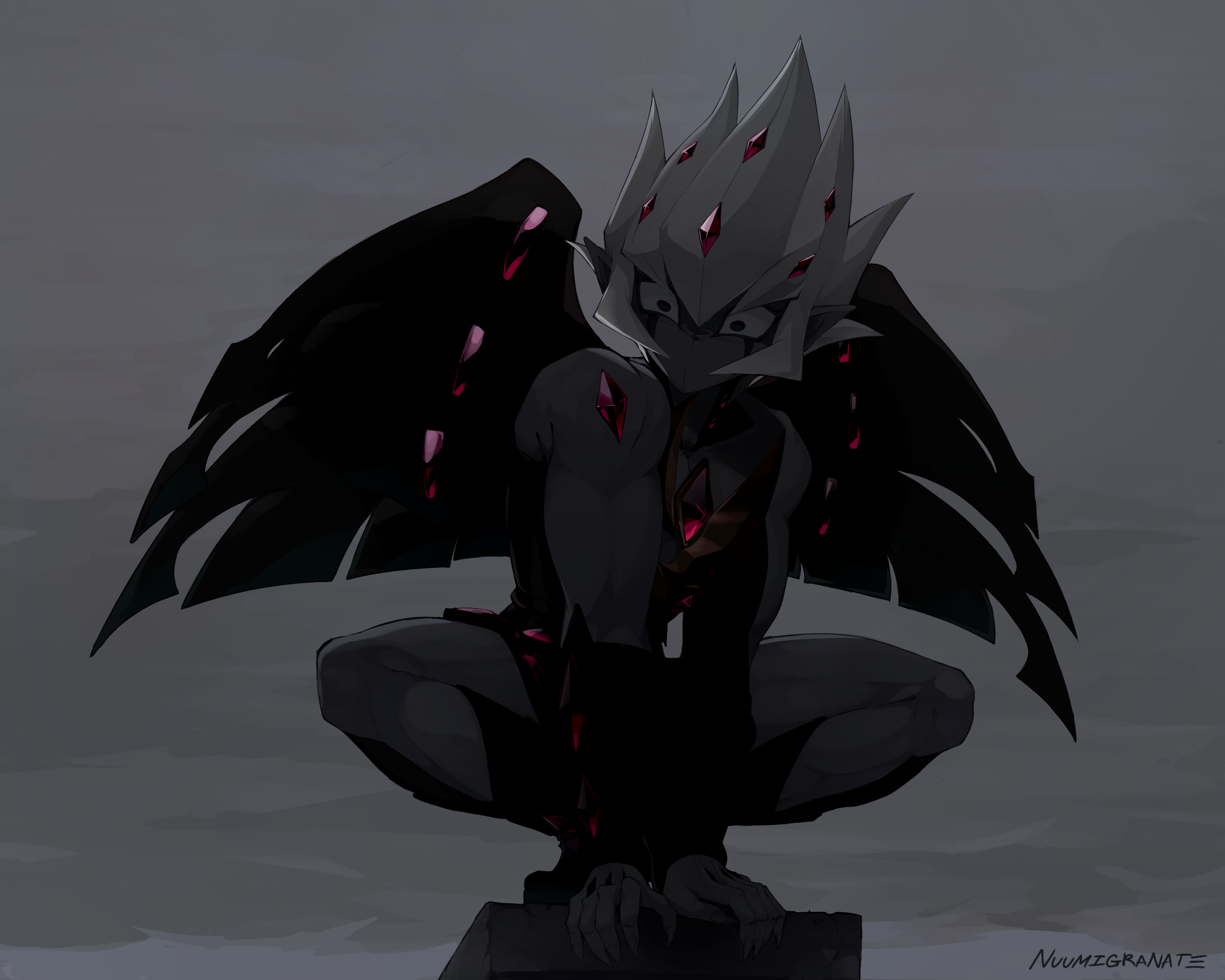 1boy alternate_form artist_name bare_shoulders black_eyes body_markings chimney dark_persona demon_wings facing_to_the_side gauntlets gem grey_background hair_slicked_back hands_on_ground highres kneeling looking_down male_focus nuumigranate on_rock red_gemstone shingetsu_rei shirt sleeveless sleeveless_shirt spiked_hair spread_legs squatting toned toned_male turning_head vector_(yu-gi-oh!) wings yu-gi-oh! yu-gi-oh!_zexal