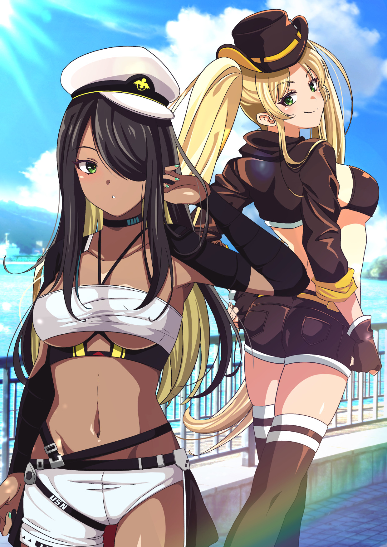 2girls arm_up ass asymmetrical_shorts azur_lane belt bikini bikini_top_only black_belt black_bikini black_choker black_gloves black_hair black_headwear black_shirt black_shorts black_thighhighs blonde_hair blue_sky breasts bridal_gauntlets choker cleavage closed_mouth cloud collarbone commentary_request cowboy_hat cowboy_shot crop_top dark-skinned_female dark_skin fingerless_gloves gloves green_eyes green_nails groin hair_over_one_eye halterneck hand_on_own_hip hat highres hornet_(azur_lane) hornet_ii_(azur_lane) large_breasts lens_flare long_hair looking_at_viewer medium_breasts military_hat multicolored_hair multiple_girls murasaki_tsutsuji navel nipples northampton_(azur_lane) northampton_ii_(azur_lane) ocean outdoors parted_bangs parted_lips peaked_cap railing shirt short_shorts shorts sidelocks sky smile standing stomach strapless sunlight swimsuit thigh_strap thighhighs tube_top twintails two-tone_hair underboob very_long_hair white_headwear white_shorts white_tube_top yellow_belt