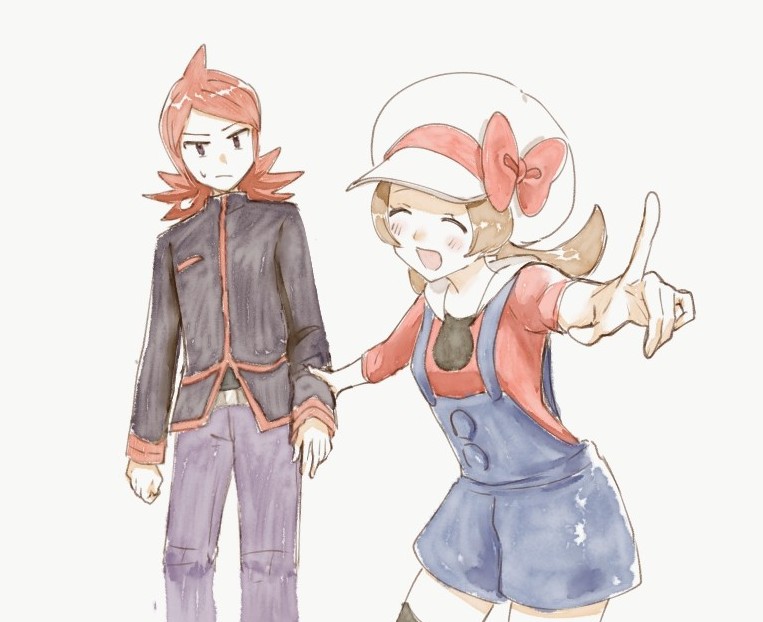 1boy 1girl :d asuka_rkgk belt bow closed_eyes closed_mouth commentary_request cowlick creatures_(company) game_freak hat hat_bow jacket lyra_(pokemon) nintendo open_mouth overalls pants pointing pokemon pokemon_hgss red_bow red_hair red_shirt shirt silver_(pokemon) simple_background smile sweatdrop white_background white_hat