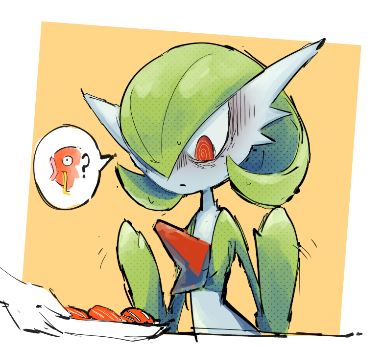 ? colored_skin creature_as_food dmt_(auburn) food gardevoir gen_1_pokemon gen_3_pokemon green_skin hair_over_one_eye magikarp multicolored_skin nintendo out_of_frame pink_eyes plate pokemon pokemon_(creature) simple_background sweatdrop turn_pale two-tone_skin white_skin yellow_background