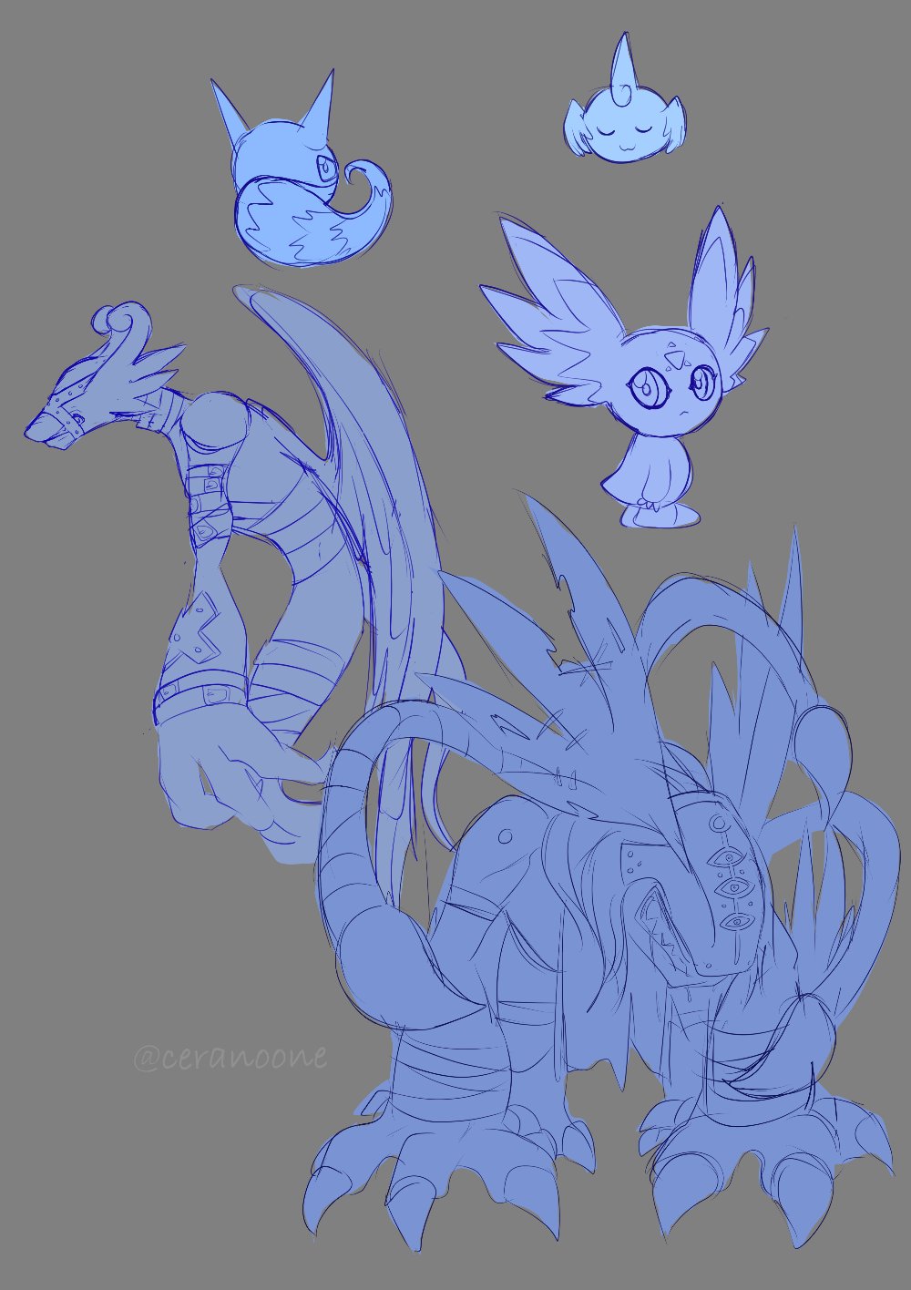 armor bandages caprimon claws culumon digimon digimon_(creature) gargomon helmet highres horns looking_at_viewer manticoremon puttimon sharp_teeth tail teeth wings