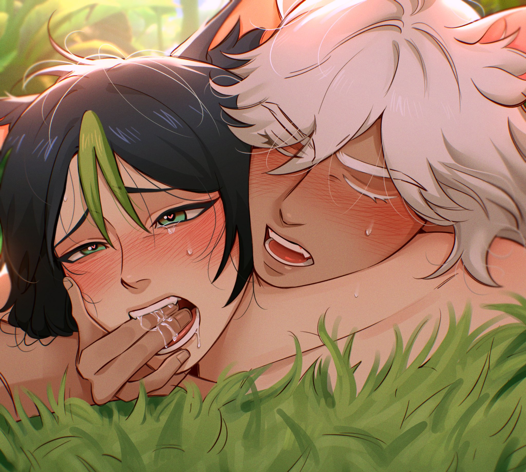 2boys animal_ear_fluff animal_ears black_hair blush closed_eyes colored_eyelashes commentary cyno_(genshin_impact) dark-skinned_male dark_skin double-parted_bangs drooling english_commentary finger_in_another's_mouth genshin_impact grass green_eyes green_hair heart heart-shaped_pupils highres implied_penetration implied_sex kemonomimi_mode looking_ahead lying lying_on_person male_focus multicolored_hair multiple_boys on_stomach open_mouth parted_bangs saliva sweat symbol-shaped_pupils tearing_up teeth tighnari_(genshin_impact) tongue white_hair wiistef yaoi