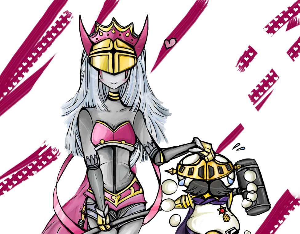 1boy 1girl armor couple covered_eyes digimon facial_hair heart kingchessmon medal mustache queenchessmon smile staff tears