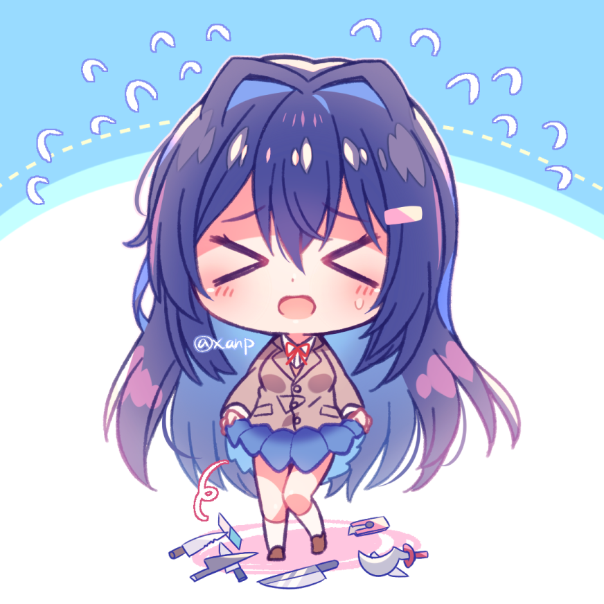 &gt;_&lt; 1girl bakemonogatari boxcutter breasts chibi clothes_lift doki_doki_literature_club doki_doki_literature_club_school_uniform hair_between_eyes hair_intakes hair_ornament hairclip kneehighs knife lifting_own_clothes long_hair long_sleeves looking_at_viewer monogatari_(series) parody purple_hair school_uniform scissors senjougahara_pose simple_background skirt skirt_lift socks solo white_socks yuiki_yuu yuri_(doki_doki_literature_club)