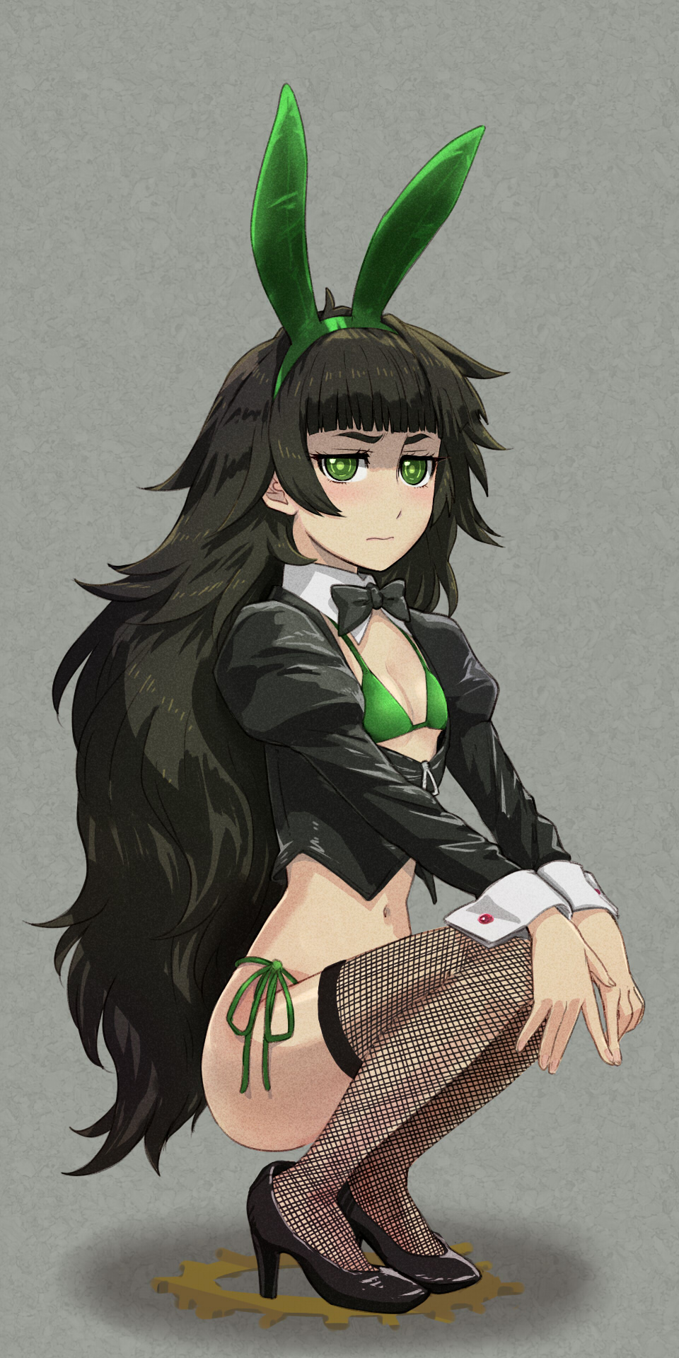 1girl animal_ears bikini black_bikini black_hair blunt_bangs blush bow bowtie bra breast_cutout breasts cleavage closed_mouth detached_collar fake_animal_ears fishnets full_body green_bra green_eyes green_panties grey_background hairband high_heels highres hiyajou_maho jacket leather leather_jacket leotard long_hair long_sleeves looking_at_viewer menomorute navel original panties playboy_bunny rabbit_ears shoes simple_background small_breasts solo squatting steins;gate swimsuit thighhighs underwear unsure very_long_hair wrist_cuffs