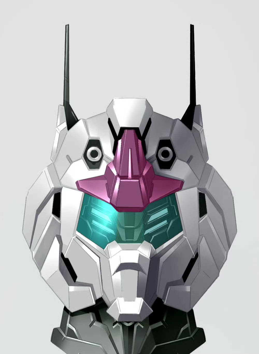 assault_visor blue_eyes commentary_request extra_eyes grey_background guncannon gundam head_only highres looking_at_viewer mecha mecha_focus mobile_suit mobile_suit_gundam mosiaz328 no_humans redesign robot science_fiction simple_background solo