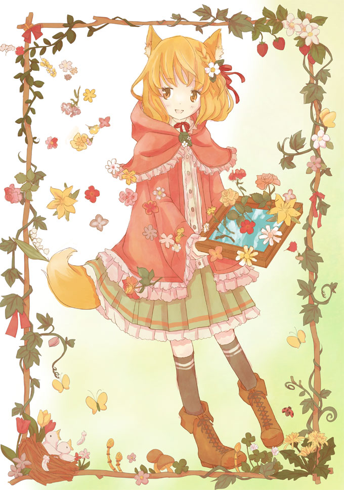 1girl animal_ears bird blonde_hair boots border bug butterfly capelet commentary_request country_lolita flower fox_ears fox_girl fox_tail full_body green_skirt holding holding_picture_frame insect ladybug lolita_fashion long_sleeves mori_kei nest original ornate_border picture_frame red_capelet short_hair skirt smile solo standing tail yacoco