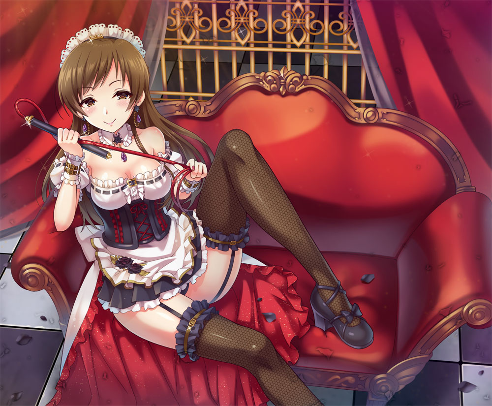 10s 1girl bare_shoulders black_shoes black_thighhighs blush bow breasts brown_eyes brown_hair buckle checkered_floor cleavage closed_mouth collarbone corset couch curtains detached_collar detached_sleeves dress earrings female_focus fingernails fishnet_thighhighs fishnets frilled_skirt frills from_above garter_straps half-closed_eyes high_heels idolmaster idolmaster_cinderella_girls jewelry knee_up large_breasts long_hair looking_at_viewer looking_up maid maid_headdress mary_janes miniskirt nail_polish necklace nitta_minami on_couch panties pantyshot pendant petals puffy_short_sleeves puffy_sleeves red_nails red_upholstery shiny_skin shoes short_dress short_sleeves sitting skirt smile solo spread_legs strapless strapless_dress thighhighs thighs tile_floor tiles underwear urabi_(tomatohouse) whip wrist_cuffs