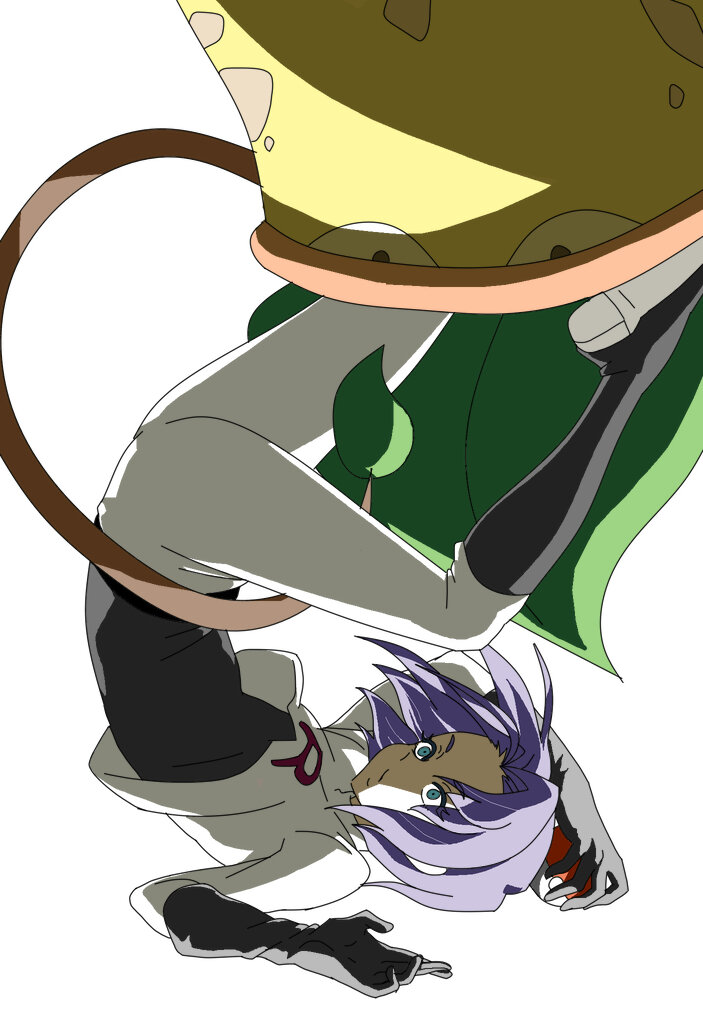 1boy black_gloves blue_hair gen_1_pokemon gloves green_eyes holding holding_poke_ball james_(pokemon) nintendo pisouneno poke_ball pokemon pokemon_(anime) pokemon_(classic_anime) pokemon_(creature) shirt solo solo_focus surprised team_rocket team_rocket_uniform upside-down victreebel white_shirt