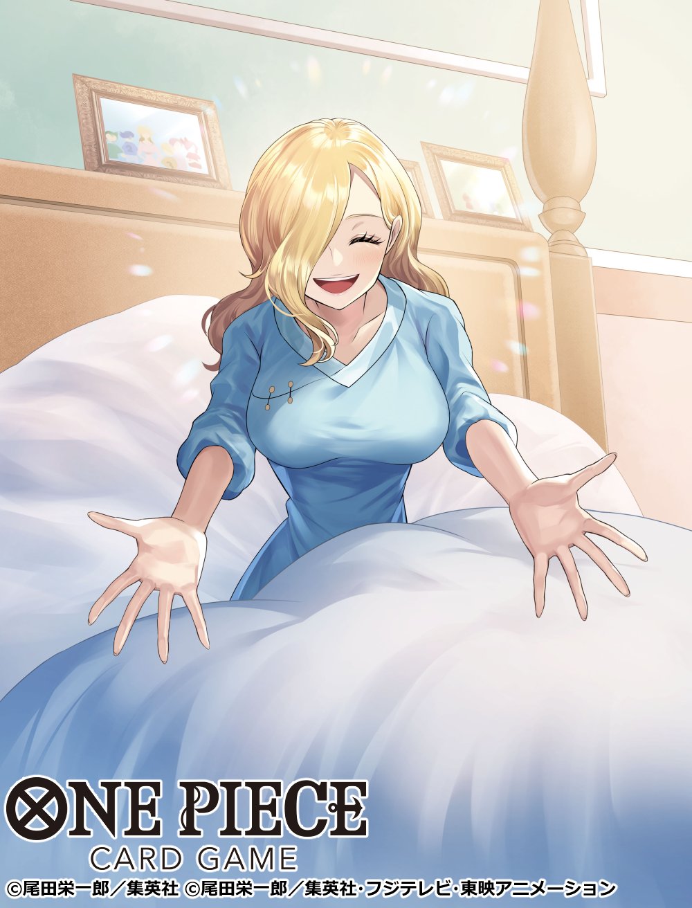 1girl ^_^ blonde_hair blush closed_eyes commentary_request copyright_name eyelashes hair_over_one_eye highres indoors koushi_rokushiro long_hair official_art one_piece one_piece_card_game open_mouth picture_frame reaching reaching_towards_viewer sitting solo vinsmoke_sora