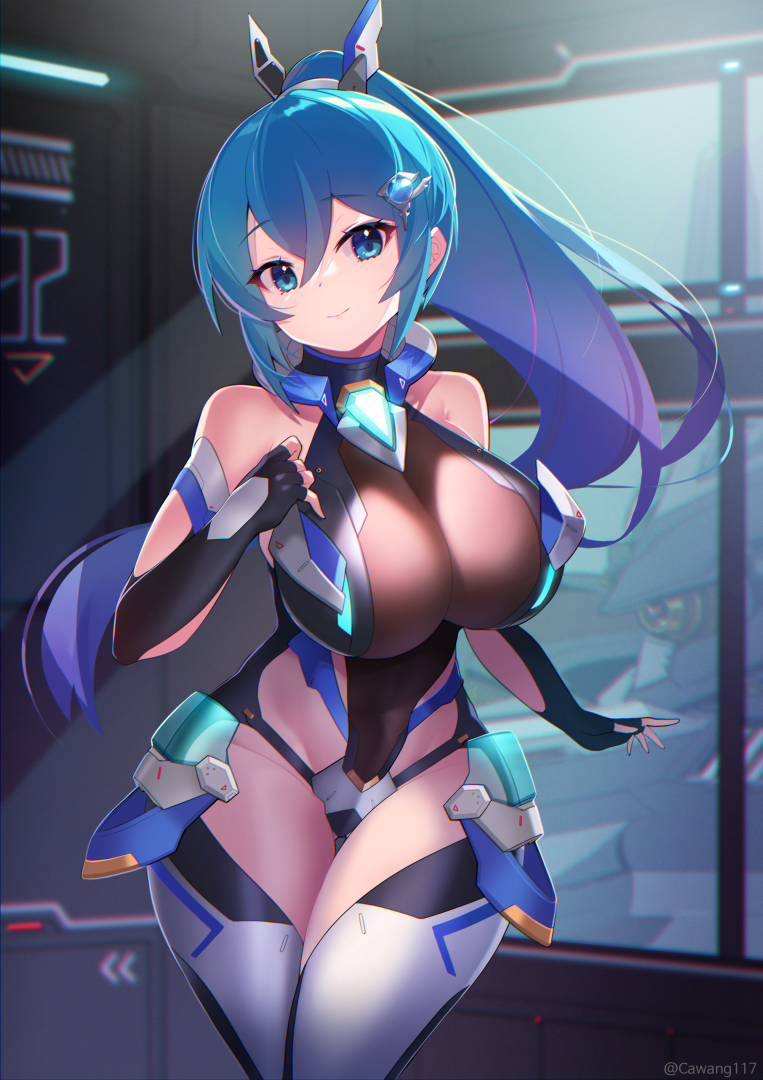 1girl bare_shoulders blue_eyes blue_hair borrowed_character breasts cawang closed_mouth covered_navel cowboy_shot groin hair_between_eyes hair_ornament impossible_clothes impossible_leotard indoors large_breasts leotard long_hair original ortina_lillibel_(yashiro_sousaku) ponytail science_fiction skin_tight smile thighhighs very_long_hair wide_hips