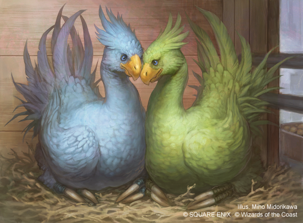 artist_name beak bird bird_nest blue_bird blue_eyes blue_feathers chocobo couple feathers final_fantasy final_fantasy_vii g.river green_bird green_feathers indoors looking_at_another magic:_the_gathering no_humans nuzzle official_art square_enix stable