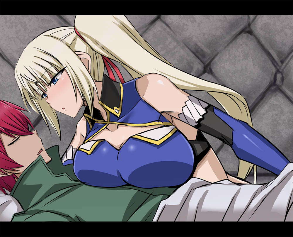 10s 1boy 1girl bare_shoulders blonde_hair blue_eyes blush breast_rest breasts cleavage dutch_angle elbow_gloves gloves large_breasts letterboxed limalisha madan_no_ou_to_vanadis minarai profile red_hair side_ponytail sleep_molestation sleeping tigrevurmud_vorn
