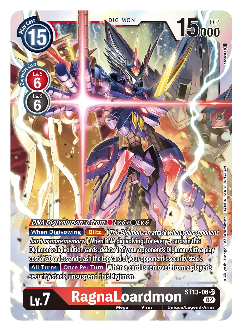 armor asymmetrical_arms bryweludramon cape card_(medium) copyright_name digimon digimon_(creature) digimon_card_game durandamon english_text fewer_digits fire highres horns mecha official_art open_hand ragnalordmon red_eyes robot sasasi second-party_source shoulder_armor sparks standing weapon