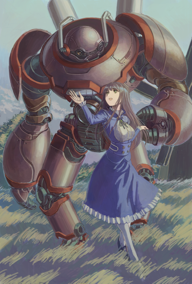 1girl :d black_ribbon blue_dress brooch brown_hair cloud crossed_legs dress frilled_dress frilled_sleeves frills grass green_eyes hand_up jewelry long_hair long_sleeves open_mouth original outdoors pantyhose ribbon robot sky smile straight_hair underbust vaison watson_cross white_pantyhose