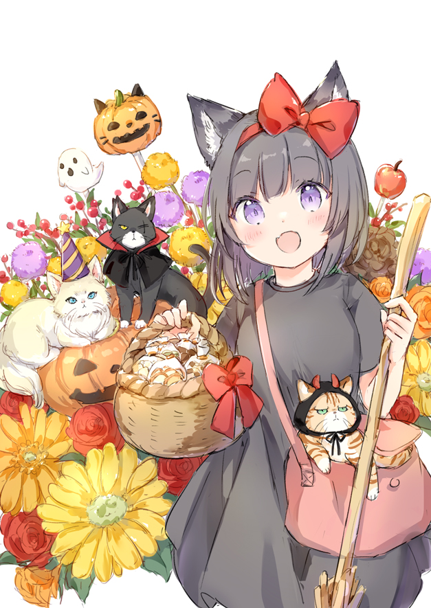 1girl :d animal_ear_fluff animal_ears apple bag basket black_cat black_dress black_hair bow broom cat cat_ears commentary_request dress fake_horns flower food fruit ghost hair_bow hairband holding holding_basket holding_broom horns jack-o&#039;-lantern komugi_(wataame27) looking_at_viewer open_mouth original purple_eyes purple_flower red_bow red_flower red_hairband red_rose rose short_sleeves shoulder_bag simple_background smile solo wataame27 white_background yellow_flower