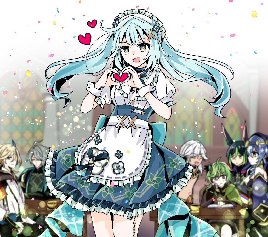 3girls 4boys ahoge alhaitham_(genshin_impact) ancient_egyptian_clothes animal_ears apron aqua_choker aqua_hair aqua_skirt arm_support black_gloves black_hair blonde_hair blue_hair blue_sleeves blue_veil book choker circlet closed_eyes closed_mouth collar collei_(genshin_impact) confetti cowlick cup cyno_(genshin_impact) detached_sleeves double-parted_bangs facing_viewer faruzan_(genshin_cafe_in_seoul)_(genshin_impact) faruzan_(genshin_impact) feather_hair_ornament feathers fox_ears frilled_collar frilled_headwear frilled_skirt frills from_side genshin_impact gloves gold_circlet green_eyes green_hair grey_hair hair_between_eyes hair_ornament hair_over_one_eye heart heart_hands kaveh_(genshin_impact) layla_(genshin_impact) long_hair looking_at_object maid maid_apron maid_headdress mile mismatched_pupils multicolored_hair multiple_boys multiple_girls open_mouth puffy_sleeves reading red_eyes short_sleeves sidelocks single_bare_shoulder sitting skirt standing sweatdrop symbol-shaped_pupils table tighnari_(genshin_impact) triangle-shaped_pupils twintails two-tone_hair unconventional_maid usekh_collar veil white_apron white_hair white_headdress white_sleeves wrist_cuffs x_hair_ornament yellow_eyes yuyu_(spika)
