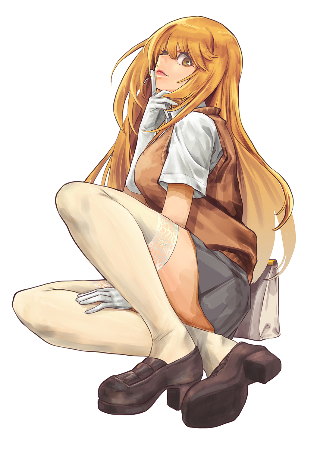 1girl bag black_shoes blonde_hair breasts brown_sweater_vest collared_shirt elbow_gloves full_body gloves grey_skirt handbag hendric_(gsyv3424) highres large_breasts lips loafers long_hair looking_at_viewer no_emblem school_uniform shirt shoes shokuhou_misaki simple_background skirt solo sparkling_eyes spider_web_print summer_uniform sweater_vest thighhighs toaru_majutsu_no_index tokiwadai_school_uniform white_background white_gloves white_shirt white_thighhighs yellow_eyes