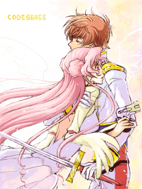 1boy 1girl brown_hair c_(rahit) closed_eyes code_geass couple double_bun dress euphemia_li_britannia gun hair_bun kururugi_suzaku long_hair military military_uniform pink_hair purple_eyes rahit red_eyes short_hair sword weapon
