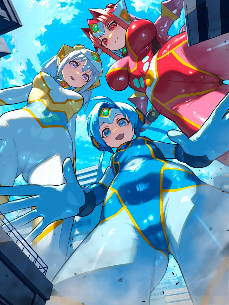 3girls ahoge blonde_hair blue_eyes blue_hair blue_sky bodysuit breasts building from_below giant giantess koharuno_silk large_breasts long_hair looking_at_viewer looking_down moroboshi_tsubomi multiple_girls nikunopengin ootori_vivienne open_mouth outdoors red_eyes red_hair short_hair sky smile standing ultimate_girl yellow_eyes