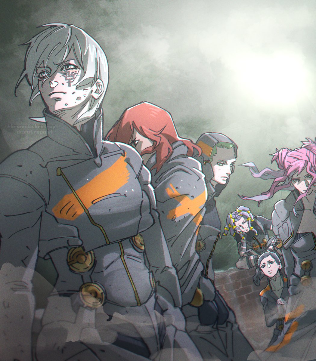 2girls 4boys argilla brick_wall cielo_(dds) dappled_sunlight digital_devil_saga dreadlocks dust facial_mark facing_to_the_side facing_viewer gale_(dds) gold_trim green_shirt grey_eyes grey_hair grey_jacket grey_pants grey_sky hand_on_own_cheek hand_on_own_face heat_(dds) highres jacket light_particles looking_at_viewer looking_to_the_side military_uniform multiple_boys multiple_girls on_ground on_wall orange_stripes outdoors pants partially_open_jacket pink_hair purple_hair red_hair sera_(dds) serph shirt sky sunlight tori_(bromaticbrotrap)