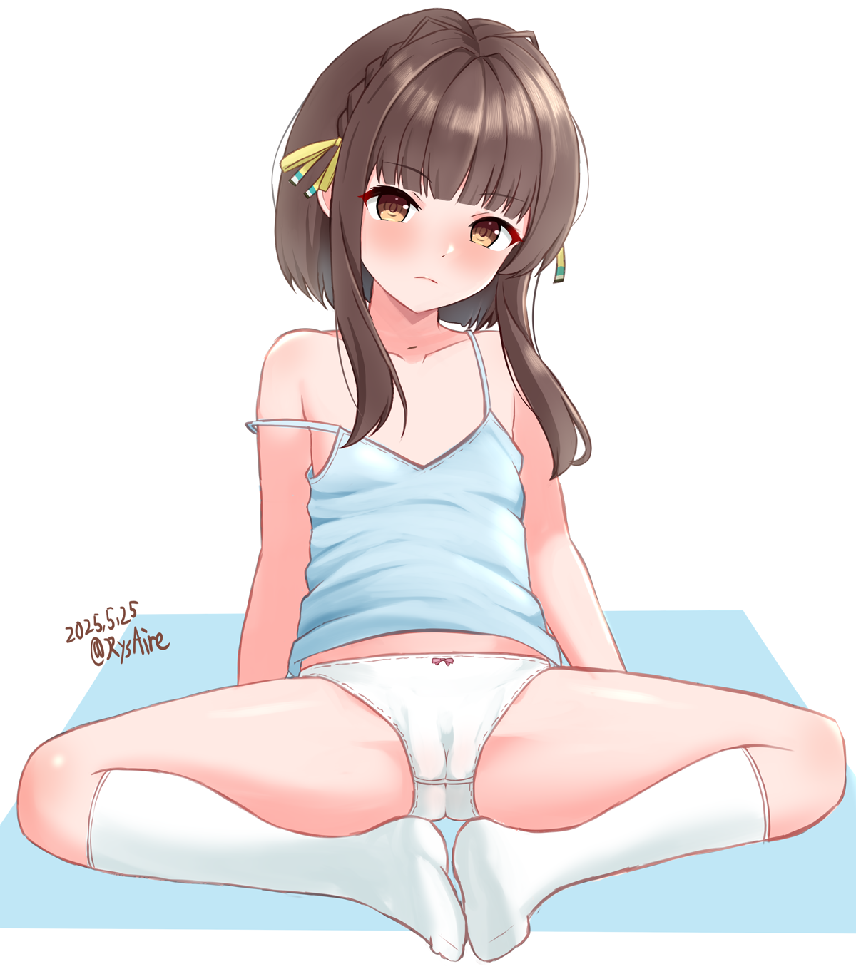 1girl alternate_costume ame-san blue_camisole blunt_bangs braid brown_eyes brown_hair cameltoe camisole flat_chest hair_ribbon highres kantai_collection looking_at_viewer panties ribbon short_hair short_hair_with_long_locks side_braid sidelocks socks solo spread_legs strap_slip ukuru_(kancolle) underwear white_panties white_socks