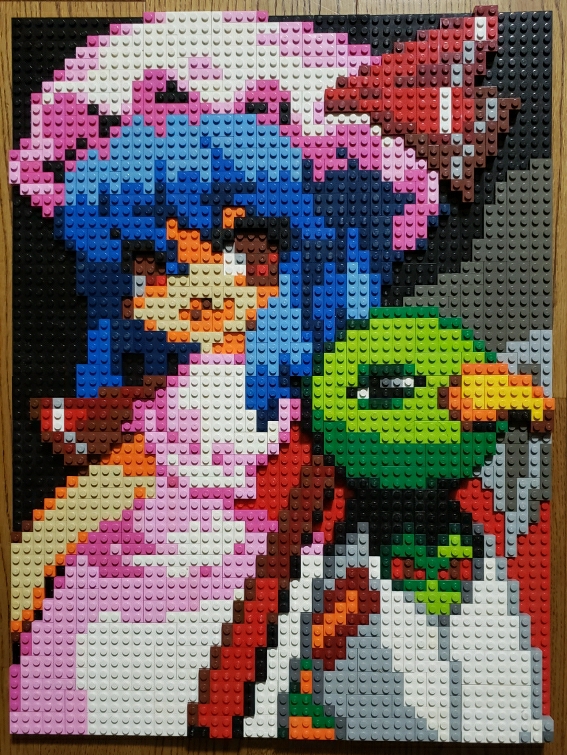 1girl ascot back-to-back beak black_background black_eyes blue_hair crossover game_freak gen_2_pokemon hat hat_ribbon lego lego_(medium) looking_at_viewer medium_hair mob_cap nintendo photo_(medium) pink_headwear pink_shirt pink_skirt pixel_art pokemon pokemon_(creature) red_ascot red_eyes red_ribbon remilia_scarlet ribbon shirt short_sleeves skirt standing touhou unconventional_media xatu you_rei_(blowback)