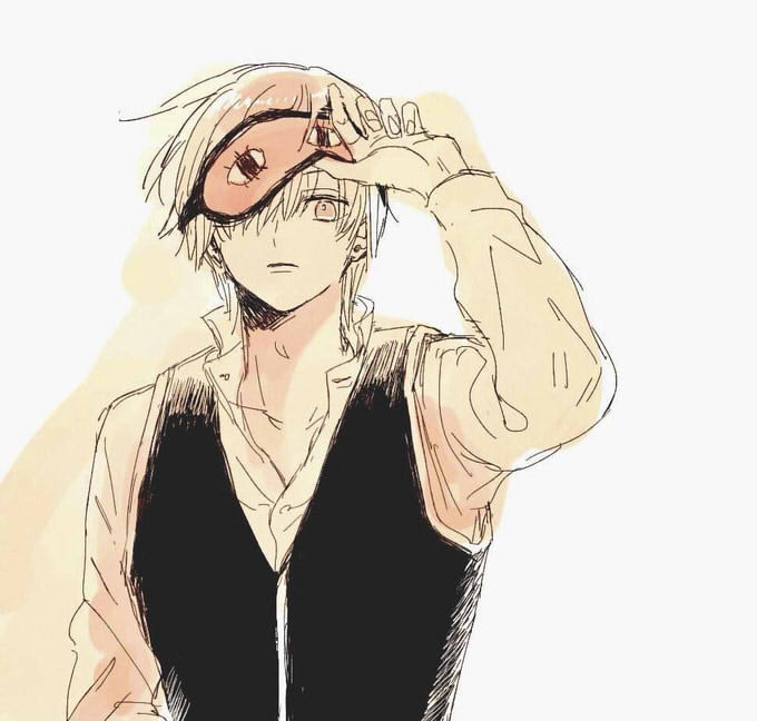 1boy arm_up commentary_request gintama hair_over_one_eye limited_palette looking_at_viewer male_focus mask mask_lift mask_on_head mask_over_one_eye okita_sougo se0h solo vest