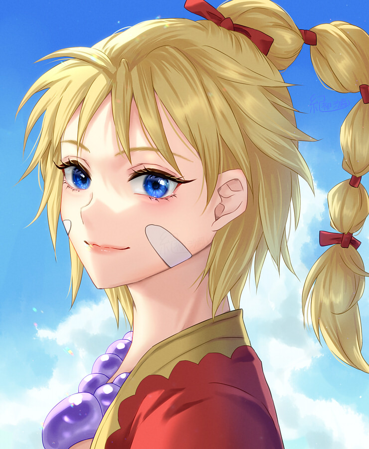 1girl blonde_hair blue_sky chrono_cross closed_mouth cloud commentary_request facial_mark hair_ribbon jewelry kid_(chrono_cross) kiryuu_sara_(artist) lips long_hair looking_at_viewer necklace outdoors pink_lips ponytail red_ribbon ribbon signature sky smile solo