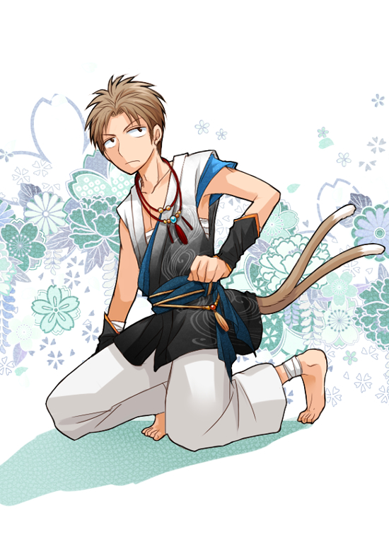 1boy bandages brown_eyes brown_hair cat_tail commentary_request frown full_body gekkan_shoujo_nozaki-kun hori_masayuki japanese_clothes jewelry kneeling male_focus multiple_tails necklace solo tail takana_x123