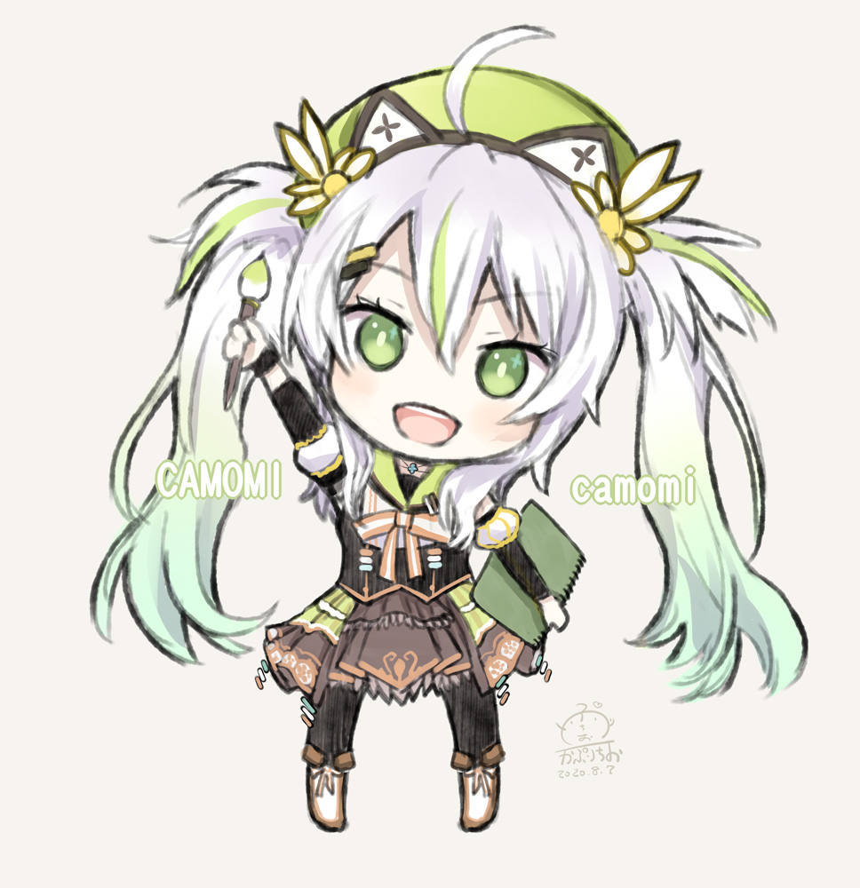 1girl :d ahoge arm_up bad_id bad_pixiv_id beret black_pantyhose black_sleeves boots brown_background brown_skirt camomi_camomi capriccio character_name chibi commentary_request dated detached_sleeves full_body gradient_hair green_eyes green_hair green_hat hat holding holding_paintbrush indie_virtual_youtuber long_hair long_sleeves looking_at_viewer multicolored_hair nanashi_inc. open_mouth paintbrush pantyhose pleated_skirt puffy_short_sleeves puffy_sleeves short_sleeves signature silver_hair simple_background skirt smile solo standing streaked_hair twintails very_long_hair virtual_youtuber white_boots white_sleeves