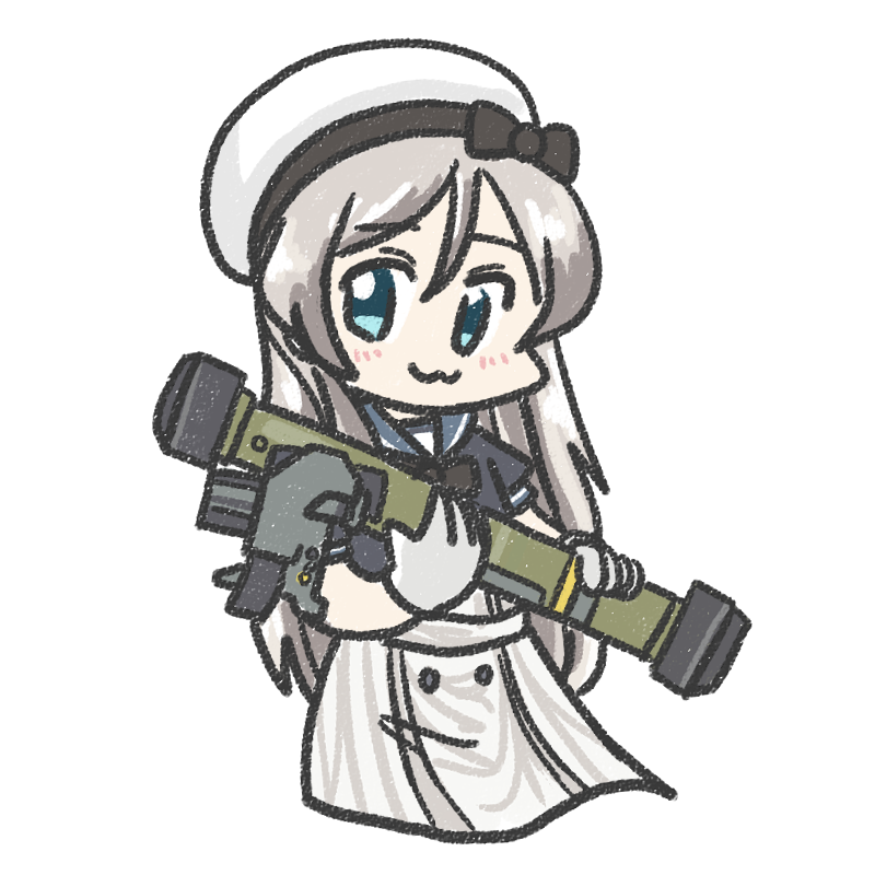 1girl :3 blue_eyes blue_sailor_collar dress ferret-san fgm-148_javelin gloves grey_hair hat javelin_(kancolle) kantai_collection long_hair man-portable_anti-tank_systems missile_launcher precision-guided_firearm rocket_launcher sailor_collar sailor_hat simple_background solo st._javelin weapon white_background white_dress white_gloves white_hat