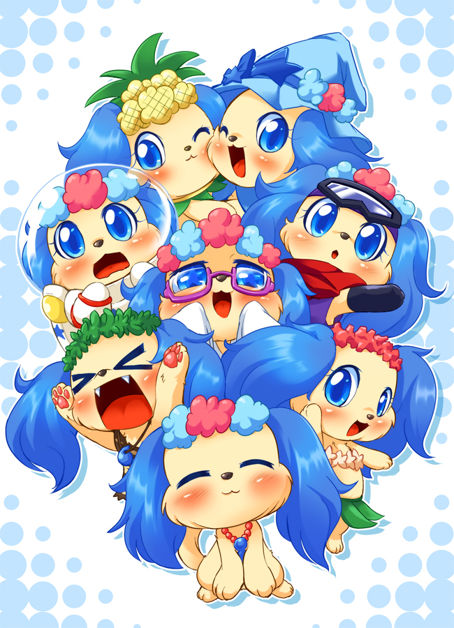 &gt;_&lt; blue_eyes dog closed_eyes glasses grass_skirt hat helmet hula jewelpet_(series) jewelry necklace sapphie_(jewelpet) scarf spacesuit tiara ukan_muri