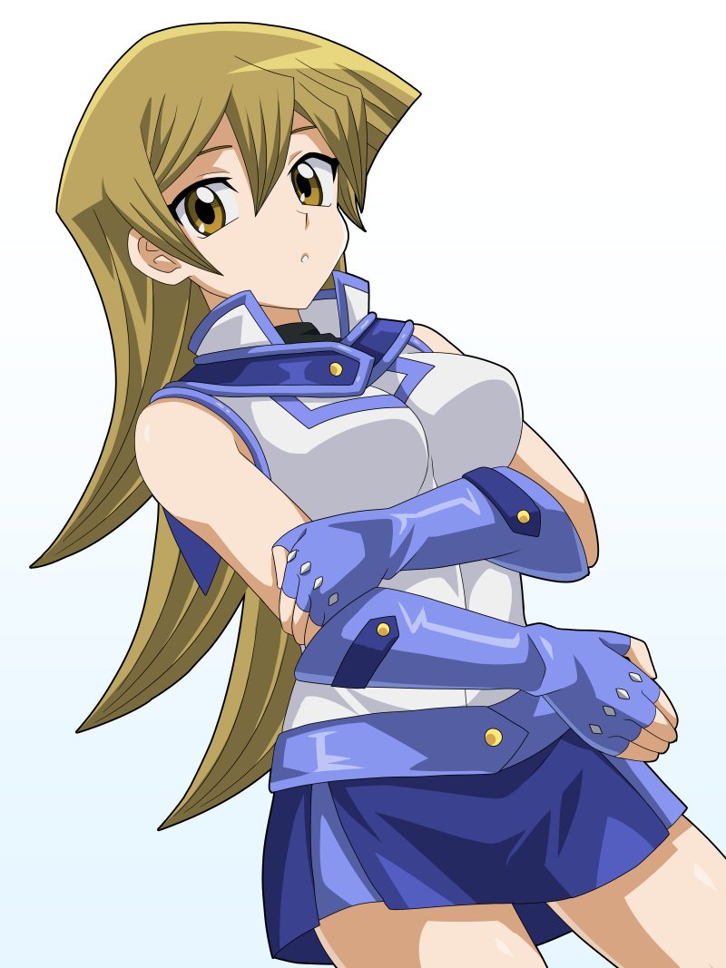 1girl blue_gloves blue_skirt breasts brown_eyes brown_hair cowboy_shot duel_academy_uniform_(yu-gi-oh!_gx) fingerless_gloves gloves kura_(xxcracy) long_hair medium_breasts simple_background skirt solo tenjouin_asuka white_background yu-gi-oh! yu-gi-oh!_gx