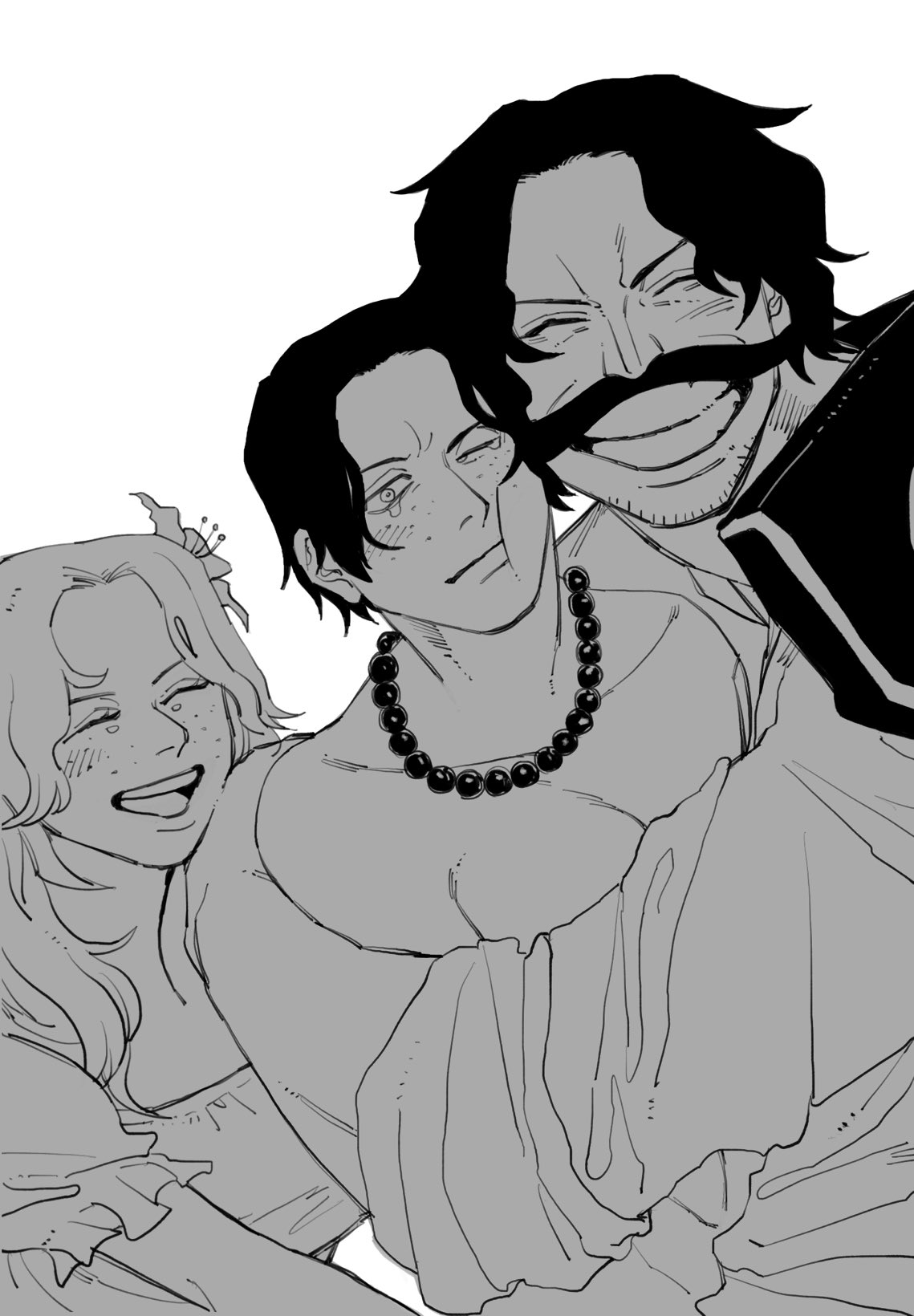 1girl 2boys ^_^ closed_eyes collared_coat commentary_request dutch_angle facial_hair family flower freckles gol_d._roger greyscale hair_flower hair_ornament highres jewelry monochrome multiple_boys mustache necklace one_eye_closed one_piece pearl_necklace pojinoki portgas_d._ace portgas_d._rouge puffy_short_sleeves puffy_sleeves short_hair short_sleeves simple_background tears upper_body