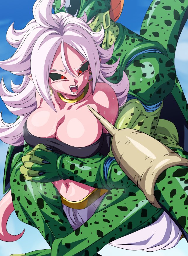 1boy 1girl android_21 black_sclera breasts cell_(dragon_ball) cleavage colored_sclera colored_skin commission dragon_ball dragon_ball_fighterz dragonball_z earrings hoop_earrings imperfect_cell jewelry large_breasts leg_lock long_hair majin_android_21 midriff navel peril pink_skin pointy_ears red_eyes restrained rom_(20) skeb_commission stinger sweat tail white_hair