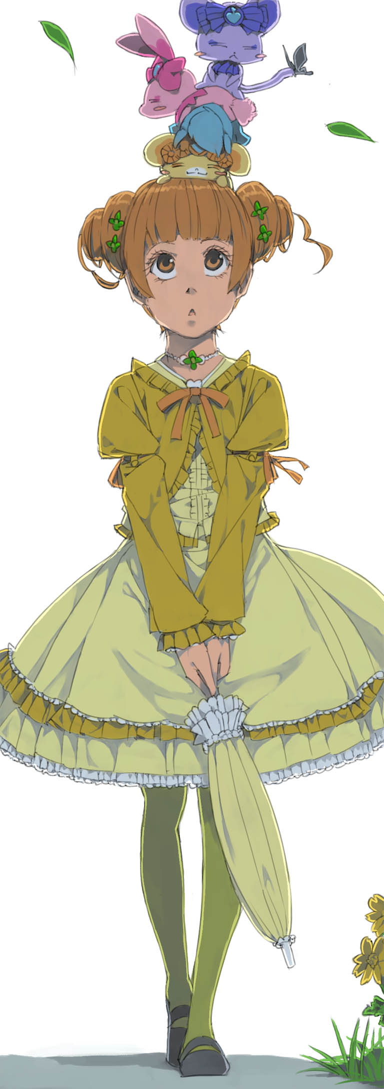 1girl :&lt; :3 =_= akinbo_(hyouka_fuyou) animal animal_on_head bad_id bad_pixiv_id bear black_shoes blue_bow blunt_bangs bow brown_eyes brown_hair cat closed_umbrella davi_(dokidoki!_precure) dog dokidoki!_precure double_bun dress female_focus flower full_body hair_bun hair_ornament highres jewelry leaf long_hair looking_up necklace on_head pantyhose pink_bow precure rabbit rakeru_(dokidoki!_precure) rance_(dokidoki!_precure) sharuru_(dokidoki!_precure) shoes solo umbrella walking yellow_dress yellow_flower yellow_pantyhose yotsuba_alice