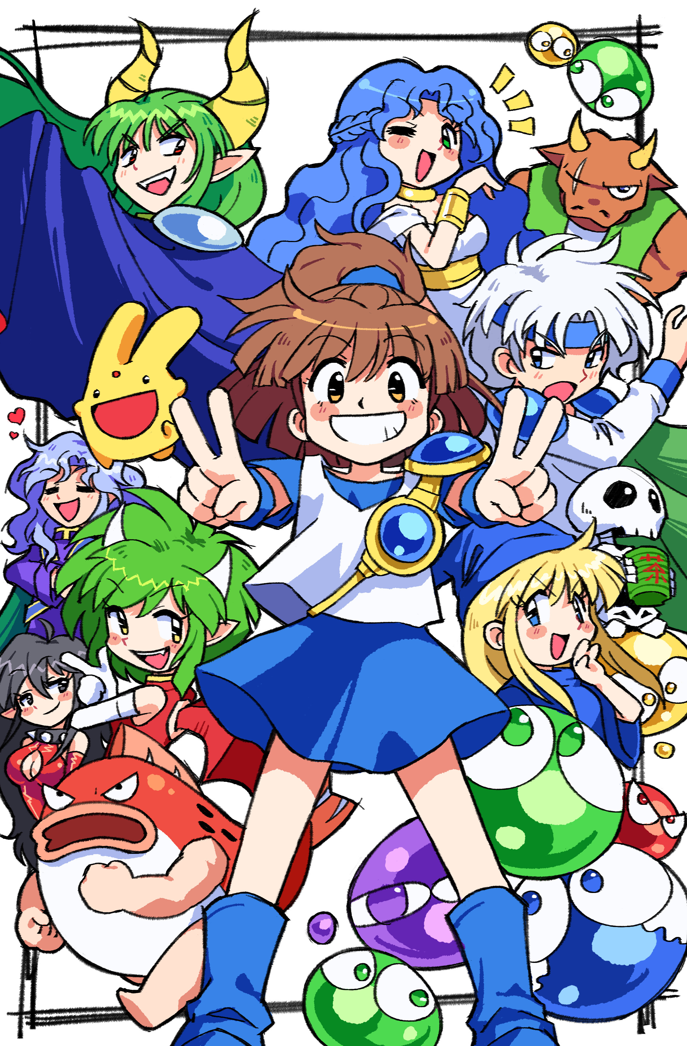 1990s_(style) 3boys 5girls absurdres ahoge arle_nadja armor black_eyes black_hair blonde_hair blue_cape blue_dress blue_eyes blue_footwear blue_hair blue_hat blue_headband blue_skirt blush blush_stickers boots braid brown_hair cape carbuncle_(puyopuyo) closed_eyes closed_mouth collar cup demon_horns draco_centauros dress fang fangs gloves green_eyes green_hair hat headband heart highres holding holding_cup horns incubus_(puyopuyo) leotard long_hair looking_at_viewer madou_monogatari minotaur minotaur_(puyopuyo) multiple_boys multiple_girls ojou-sama_pose open_mouth pointy_ears ponytail purple_hair purple_robe puyo_(puyopuyo) puyopuyo red_eyes red_gloves red_leotard retro_artstyle robe rulue_(puyopuyo) satan_(puyopuyo) scar schezo_wegey shirt short_hair simple_background skeleton skeleton_t skirt spdcooler spiked_collar spikes succubus_(puyopuyo) suketoudara tea v wavy_hair white_background white_dress white_hair white_shirt witch_(puyopuyo) yellow_eyes yellow_horns