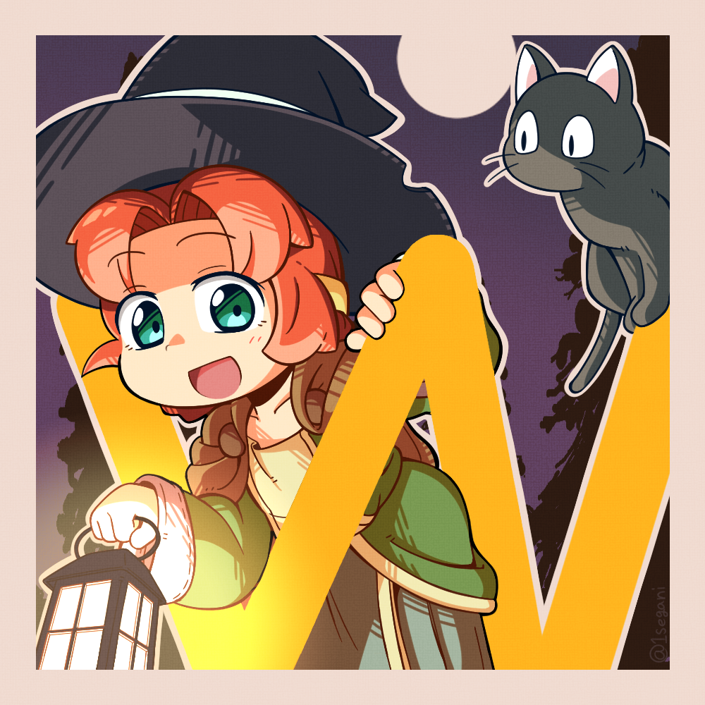 1girl 1segani alphabet black_cat black_cat_(hearthstone) black_hat brown_cape cape cat full_moon glowing green_eyes hat hearthstone holding holding_lantern lantern long_sleeves looking_at_viewer moon night open_mouth orange_hair outline solo sorcerer&#039;s_apprentice twitter_username warcraft white_outline witch_hat