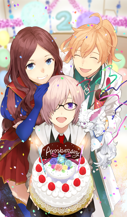 1boy 2girls :d ahoge anniversary black-framed_eyewear black_shirt black_skirt blue_eyes blue_flower blue_gloves blue_rose blue_thighhighs brown_hair cake chaldea_security_organization chaldea_uniform closed_eyes collared_shirt commentary confetti cowboy_shot creature elbow_gloves english_text fate/grand_order fate_(series) flower food fou_(fate) fruit glasses gloves grey_jacket hair_between_eyes hair_over_one_eye hand_on_another&#039;s_head happy holding holding_cake holding_food holding_party_popper indoors jacket leonardo_da_vinci_(fate) long_hair long_sleeves looking_at_viewer multiple_girls necktie official_art open_mouth orange_hair parted_hair party_popper pink_flower pink_hair pink_rose ponytail puffy_short_sleeves puffy_sleeves purple_eyes purple_flower purple_rose red_necktie red_skirt romani_archaman rose shirt short_hair short_sleeves skirt smile stellated_octahedron strawberry streamers takenashi_eri teeth thighhighs third-party_source white_flower white_gloves white_jacket white_rose