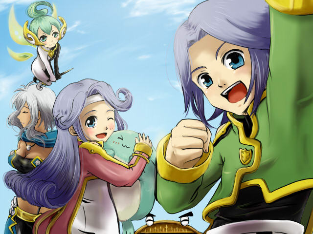 1boy 3girls albert_(tales) aqua_eyes aqua_hair blue_eyes blush bodysuit breasts cleavage closed_eyes closet cloud coat creature dark_skin dio_(tales) dress etos_(tales) headband headgear jewelry kuruuru long_hair mel_(tales) midriff multiple_girls necklace one_eye_closed open_mouth pants ponytail purple_hair ring rondorine_e._effenberg scarf short_hair shorts sky tales_of_(series) tales_of_phantasia tales_of_phantasia:_narikiri_dungeon tales_of_phantasia:_narikiri_dungeon_x wings wink