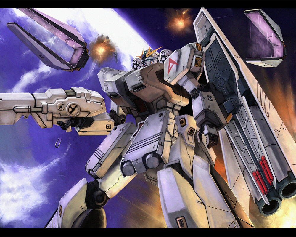 battle beam_rifle char&#039;s_counterattack earth_(planet) energy_gun explosion fin_funnel fin_funnels gun gundam gundam_msv mecha no_humans nu_gundam nu_gundam_hws planet ra_(pixiv120326) robot shield solo space weapon